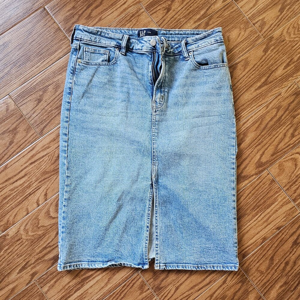 Gap Denim Pencil Skirt Med Wash | Size 8 Front Slit High Rise Jean Skirt
